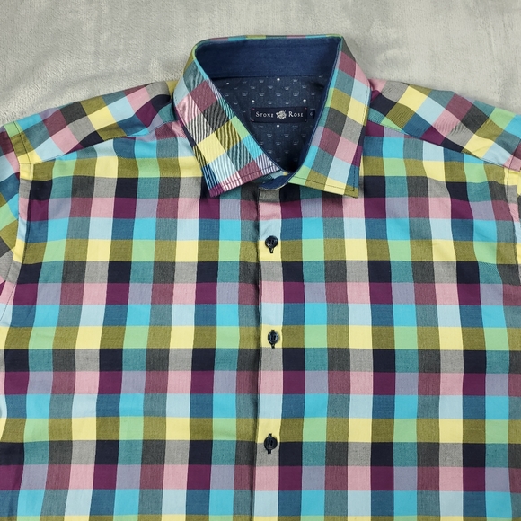 Stone Rose Shirt Mens 2XL Size 6 Button Down Colorful Gingham Plaid Geometric - Picture 6 of 12